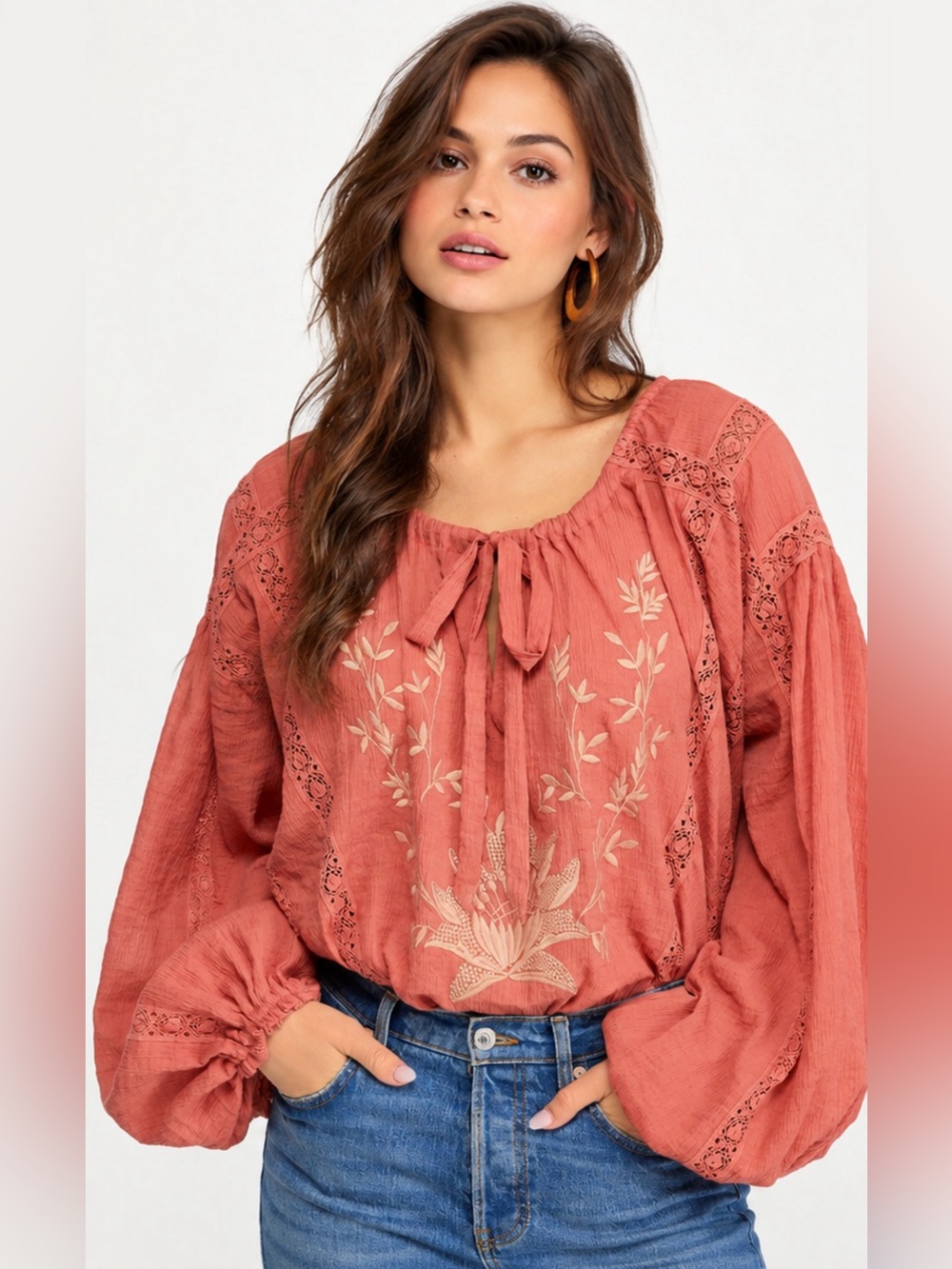 Free People Maria Maria Crochet Embroidered Blouse Athena Red Terracotta Size M